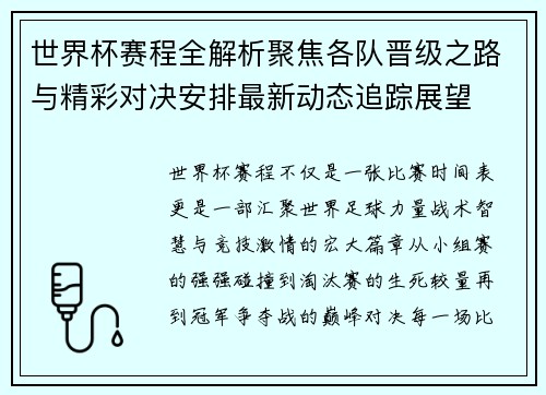 世界杯赛程全解析聚焦各队晋级之路与精彩对决安排最新动态追踪展望 世界杯赛程全解析聚焦各队晋级之路与精彩对决安排最新动态追踪展望